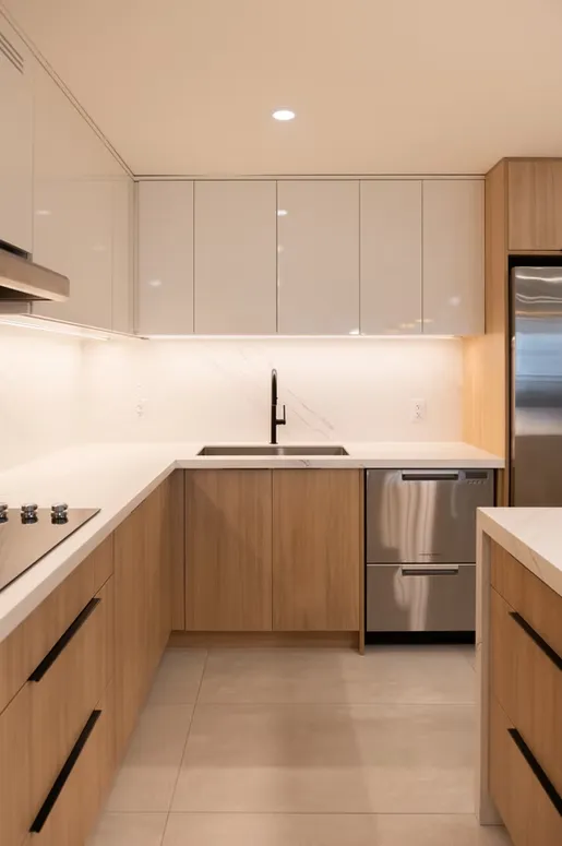 Compact kitchen with white gloss upper cabinets, oak lower cabinets with black handles and a quartz backsplash