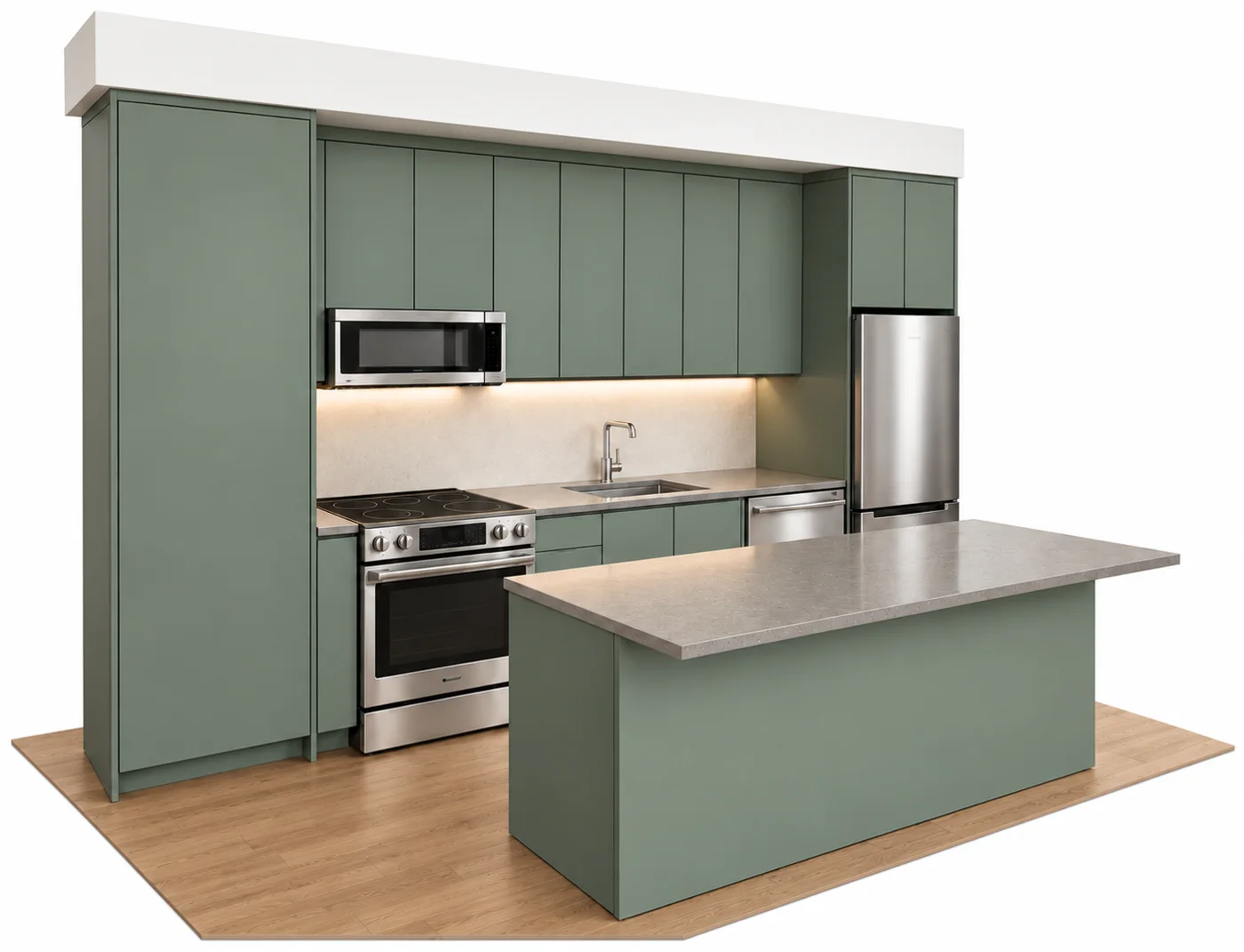 3D proposal rendering of a sage green kitchen, generated by the VIVA Cabinetry website
