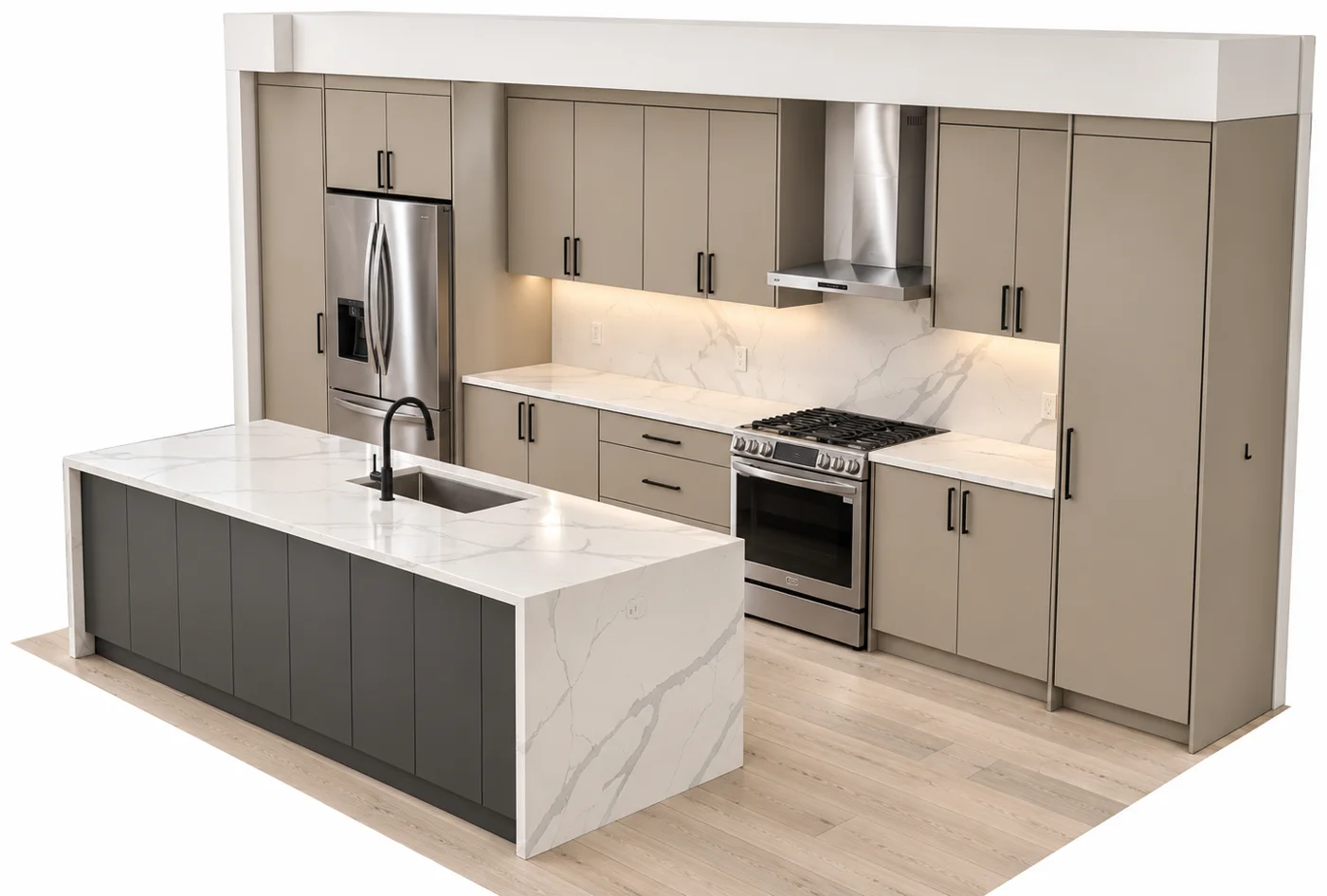 3D proposal rendering of a greige kitchen with a waterfall quartz island, generated by the VIVA Cabinetry website